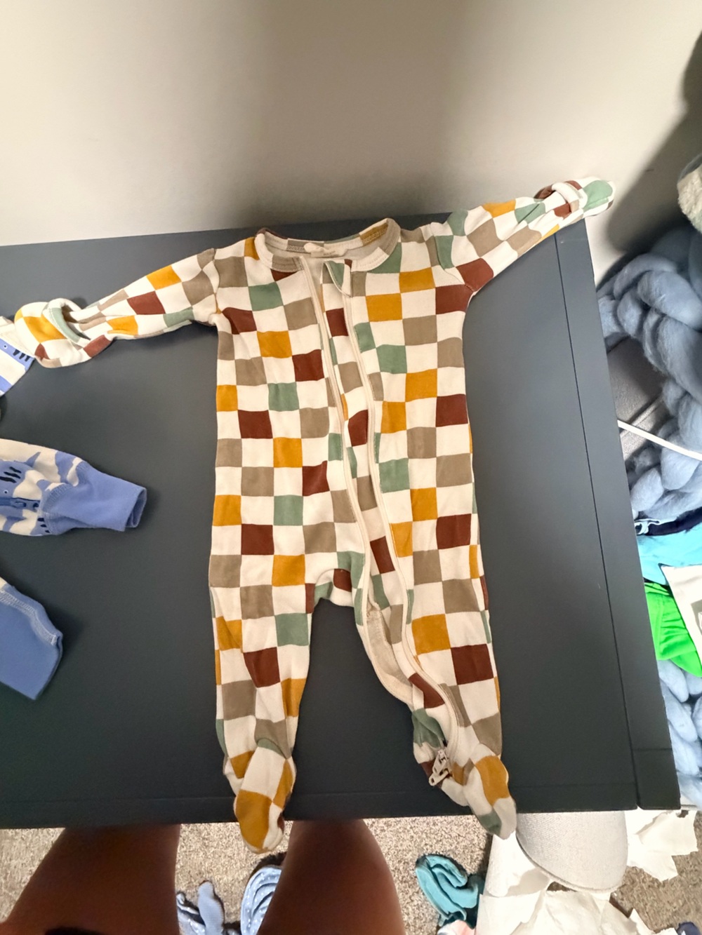 Checkered Zip-Front Footie in Multi - baby One-Piece